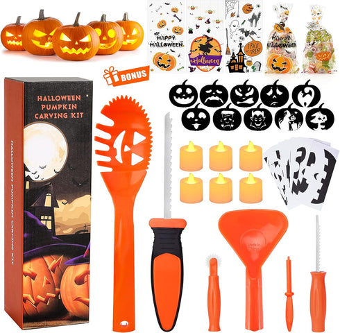 Pumpkin Carving Kit for Kids - 6 Easy Tools, 6 LED Candles, 10 Stencils & 20 Halloween Candy Bags