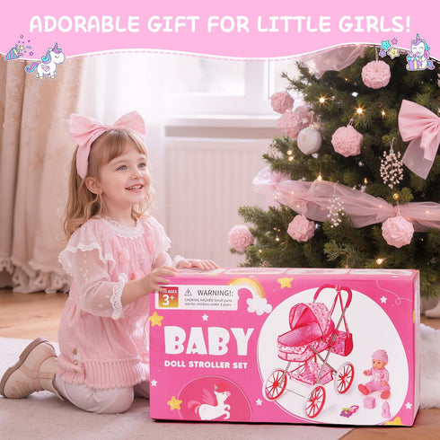 Set 11'' 24 Playset 3-5 4-6 DRAMATION Unicorn Baby Doll Stroller with Baby Doll, Foldable Doll Stroller, Playpen