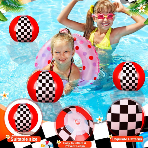 Hollowfly 6 Pack 7.87" Swimming Summer Race Car Beach Ball for Kids Bulk Inflatable Black and White Checkered Flag Pool