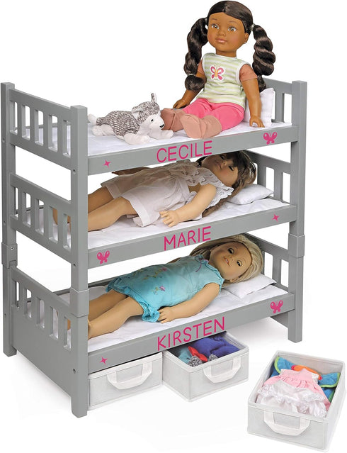 Badger Basket Convertible Doll Bunk Bed with Storage Baskets and Personalization Kit for 20 inch Dolls - Gray