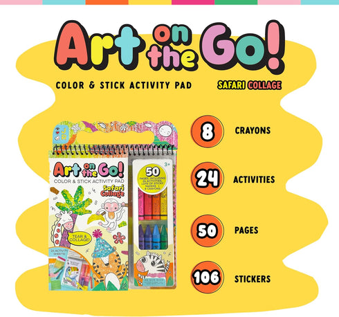 3+| Set Bright Stripes Art on The Go Collage Fun Jungle Theme Travel Kit for Kids Ages Mess-Free Activity with Crayons