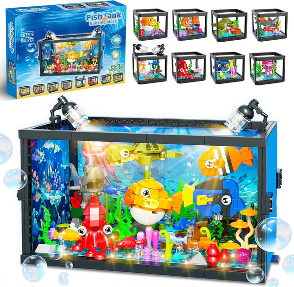 ONIMISC 8 in 1 Aquarium Building Sets with Light, Compatible with Lego Fish