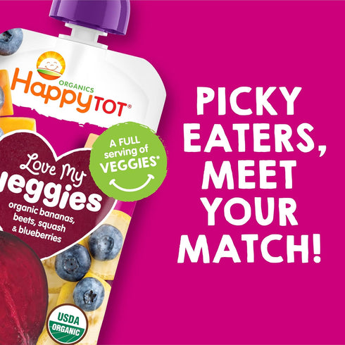 4 4.22 (Pack 16) HAPPYTOT Organics Stage Baby Food Pouches, Gluten Free, Vegan Snack, Love My Veggies, Fruit & Veggie