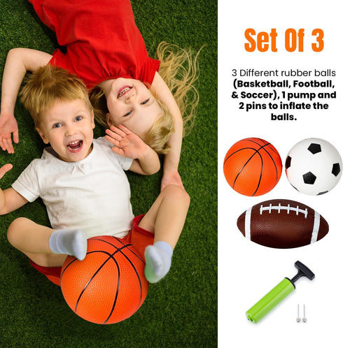 Bounce New Soft Sports Balls for Toddlers - Set of 3 Mini PVC Balls; Basketball, Football, Soccer - Outdoor Playground