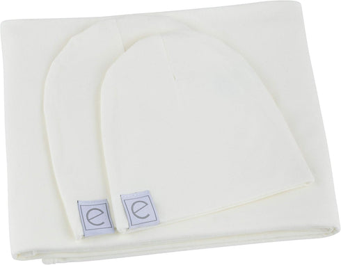 2 Set, Ely's & Co. Cotton Knit Jersey Swaddle Blanket and Beanie Baby Hats Gift Large Receiving Blanket (Ivory)