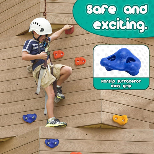 CMOOD Rock Climbing Holds Kit, Indoor Outdoor Playground Wall Climbing Set with 25 Handles, Knotted Rope, and Mounting
