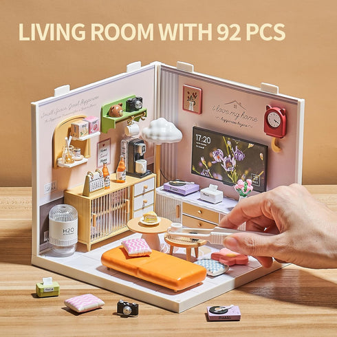 92Pcs 1:24 8+ Miniature Living Room DIY Kit Scale Dollhouse Furniture with LED Light, Modular Scene Connector