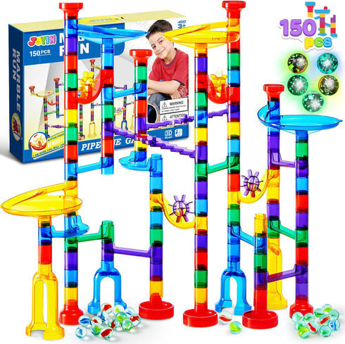 JOYIN 150Pcs Glowing Marble Run - Construction Building Blocks Toys with 5 Glow in The Dark Glass Marbles