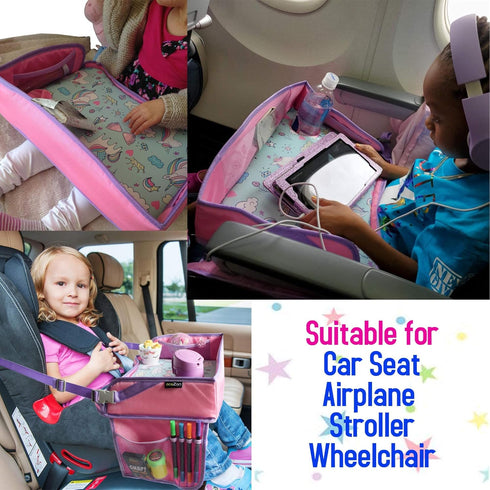 ecoZen Lifestyle Kids Travel Tray for Car, Toddler Lap Desk Organizer for Airplane, Pink Car Seat Tray for Kids Travel