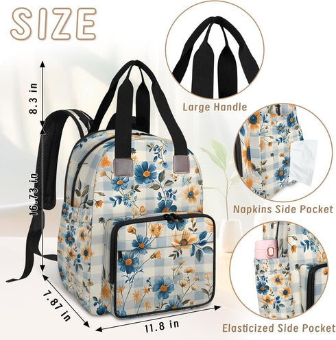 Shoblo Backpack Checkered Background Flowers Diaper Bag for Travel, Waterproof Diaper Bag with Insulated Bottle Pockets