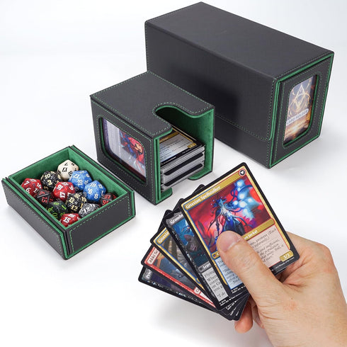 AFIING MTG Commander Card Storage Box - Fits 200 Double Sleeved Cards, Black/Green with 4 Dividers & 2 Toploaders