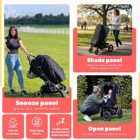 SnoozeShade 6m+ 99% 50+) Plus Extra, Stroller Sun Shade, Mosquito Net for Babies, Blocks of UV (UPF Universal Fit