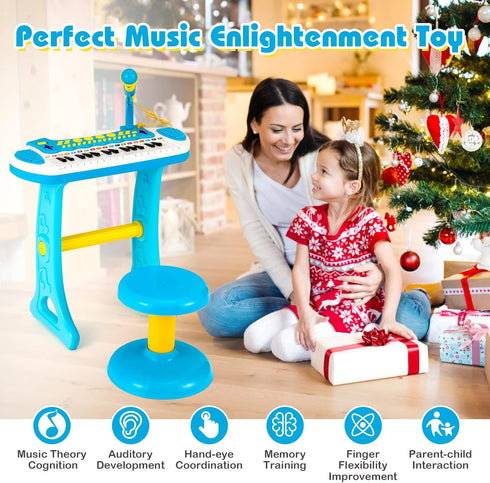 Costzon 31-Key Kids Piano Keyboard Toy, Toddler Electronic Musical Instrument with Microphone, Lights & Stool