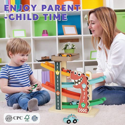 1-3, 6 4-Level 1 Wooden Car Ramp Toy for Toddlers Montessori Toy with Cars (Dinosaur & Racing), Car Ramp Race Track