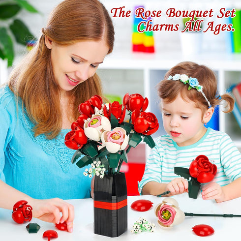 EXCOUP Set, Set 841 Flower Bouquet Building Artificial Roses Toy Building with Vase, Building Blocks Flower Brick Toys