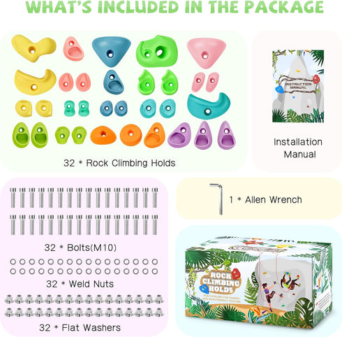TOPNEW 32 Rock Climbing Holds - Multi Size Grips for Kids and Adults, Indoor and Outdoor Playground Play Set
