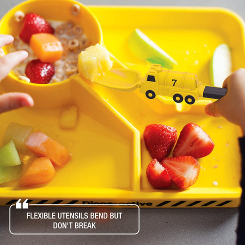 Set 3PC Dinneractive Dining For Kids - Yellow Firefighter Dinnerware - Fire Truck Utensils - Toddler Plates - Baby