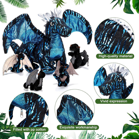 Deekin 7 Pcs Dragon Toy Set - 16 Inch Large Stuffed Animal with 4 Cute Baby Plush Dragons and 2 Eggs