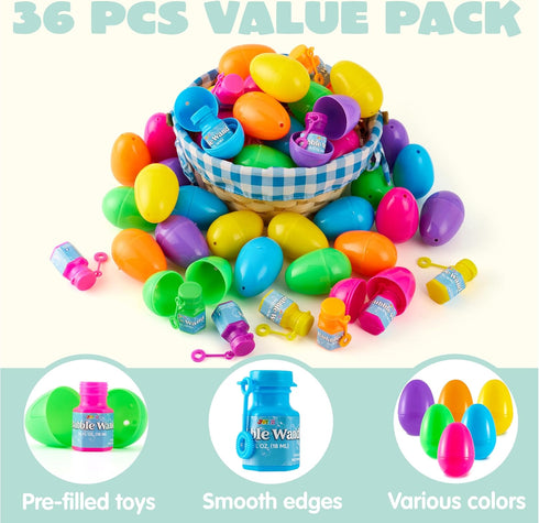 36 JOYIN Pcs Prefilled Easter Eggs Bubble Wands for Kids Party Favors, Basket Stuffers, Toys Inside for Children Fun