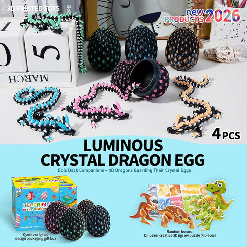 2026 4pcs 3D 3D Easter Gifts for Kids Printed Dragon Egg Glow in The Dark,Cool Crystal Dragon Toys, Print Dinosaur