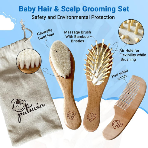 Set Infant Hair Brush and Comb for Newborns and Toddlers - Natural Wooden Hairbrush with Soft Goat Bristles for Cradle