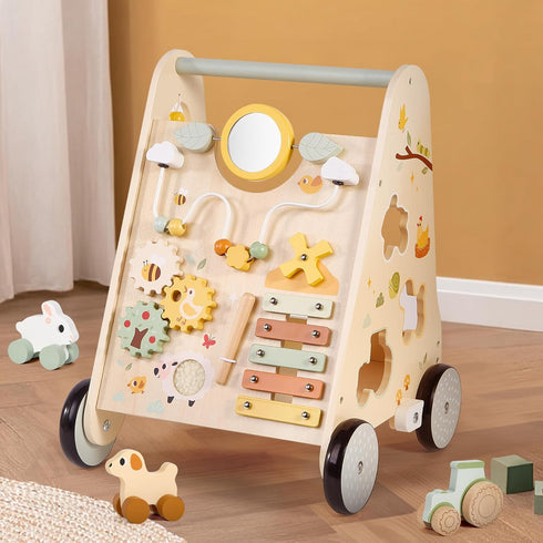Pithfor Wooden Baby Push Walker, Baby Walker with Activity Center for Girls