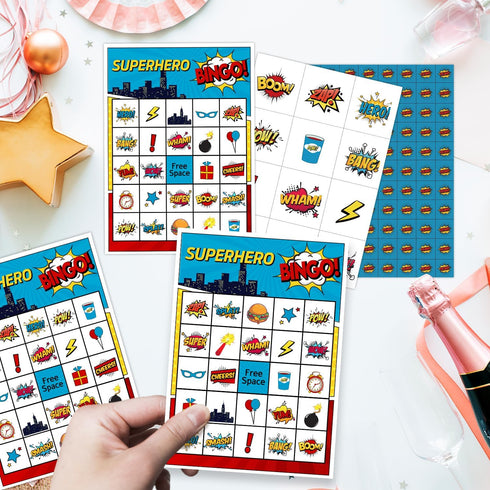 Superhero Bingo Card Set - 24 Players, Happy New Year Activities for Family Party, 5x7 inches Bingo Game Kit