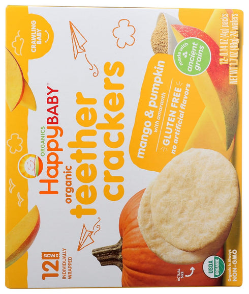 12-0.14 oz Packs Happy Baby Organics Organic Teether Crackers Gluten Free Mango & Pumpkin with Amaranth