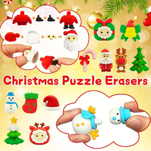 55 PCS Christmas Erasers for Kids Bulk, Puzzle Eraser Desk Pets Holiday Erasers for Classroom Rewards