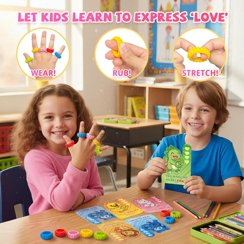 Gocozer 30Pack Valentines Day Gifts Cards for Kids School with Fidget Toys Sensory Rings, Fidget Ring Sensory