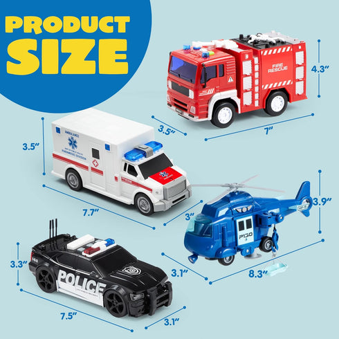 JOYIN 4 Packs Emergency Vehicle Toy Playsets, Friction Powered Vehicles with Light and Sound, Including Fire Truck,