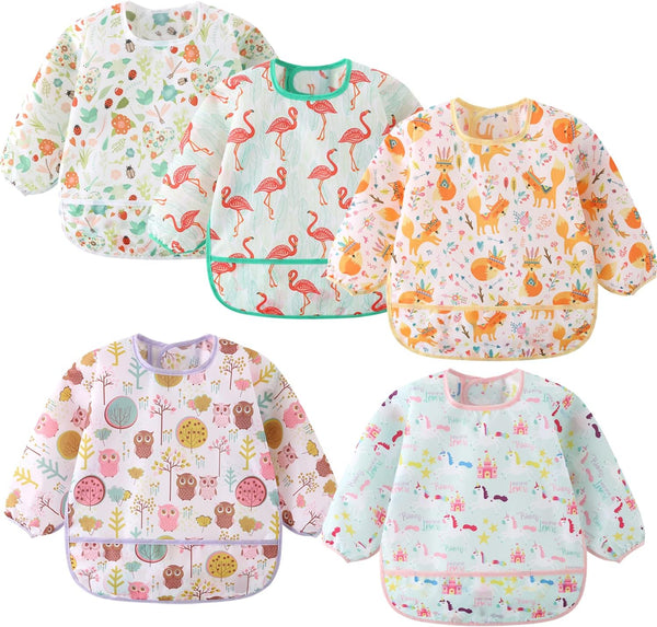 ElecMotive 5 Pack Long Sleeve Bib,Baby Toddler Waterproof Sleeved Bib for 6-30 Months