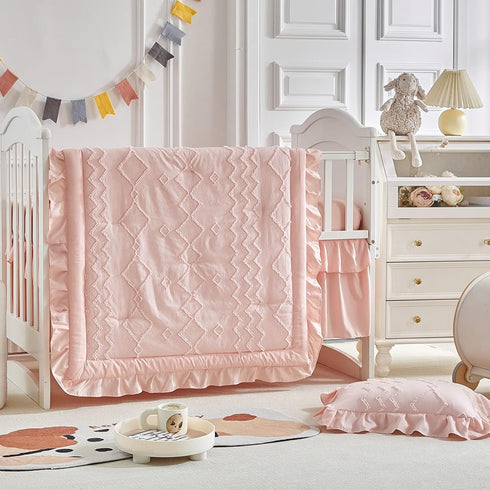 AIKASY Set The Ruffled Shabby Crib Bedding for Girls, Baby Quilted Comforter with Fitted Sheet, Bed Skirt
