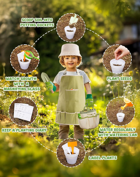 Set, WRP25 ROBUD Kid Gardening Wooden Garden Tool for Kid, Garden Tool Kit with Tool Storage Bag, Apron, Gloves