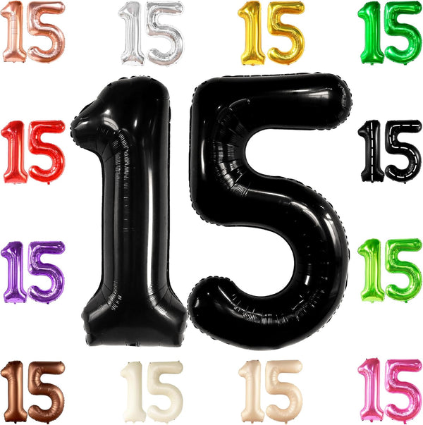 KatchOn Giant Black 15 Balloons Number - 40 Inch Happy 15th Birthday Decorations for Boys, 15 Birthday Balloons