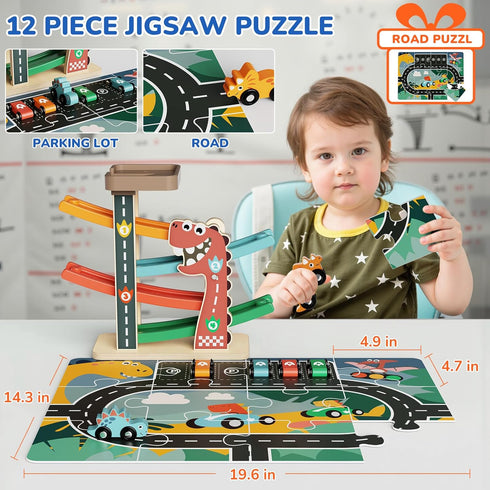 1 2 3 6 1-3 Montessori Car Ramp Toy for Toddlers Year Old Wooden Dinosaur Race Track with Cars & Parking Garage Kids