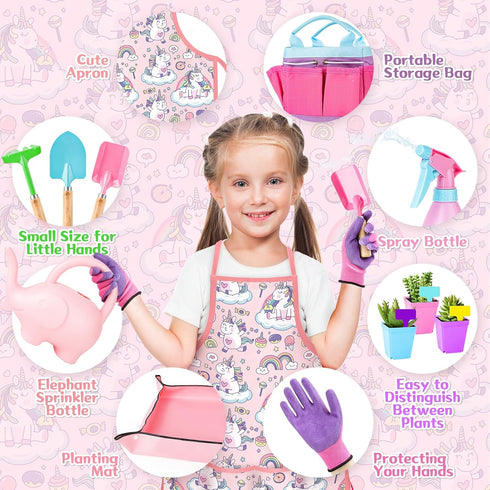 Set, deAO Kids Gardening Garden Tool for Toddlers, Gardening Kit Include Safe Shovel Rake Fork Gloves Apron Watering