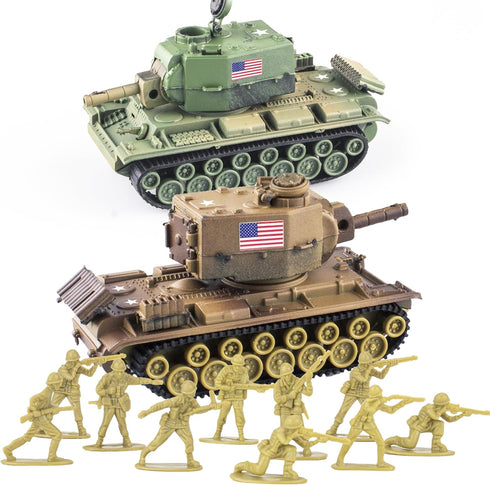 1:72 US Army Tank & Army Men Toys Playset, 2pc US Tank-7 Models, 10pc Toy Soldiers, Desert Tan & Olive Drab Green