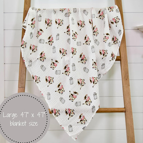 Swaddle Blanket | 100% Muslin Cotton | Gender Neutral Newborn and Baby Nursery Essentials, Registry | Cow Print