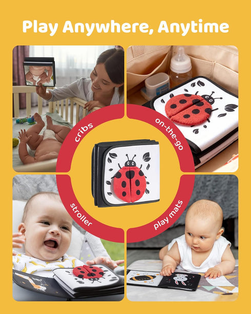 Tummy 0-6 Black and White Baby Books for Newborn - Time Mirror & Sensory Toys Soft Montessori Toy for Infant Visual