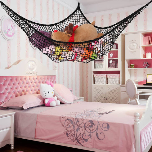 LXUNYI Jumbo Stuffed Animal Hammock, Mesh Toy Storage Net Holder for Kids, 84 Inch Black Organizer for Bedroom