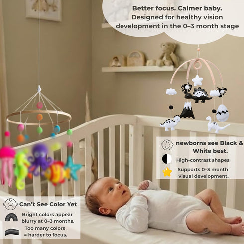 Dinosaur Crib Mobile High-Contrast Black & White Nursery Decor for Newborn Baby Room, Handmade for Boy & Girl, Natural