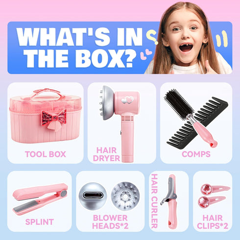 Set 10pcs Playset Toy Choi's Children's Pretend Play Hair Styling Salon with Hair Dryer, Pink Princess Hairdressing Kit