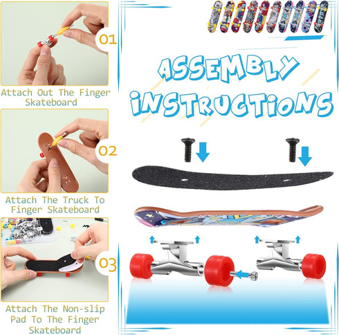 Civaner 10 Pack DIY Kids Finger Skateboard Set with Box, Mini Collectible Finger Toy Kit, Replacement Accessories