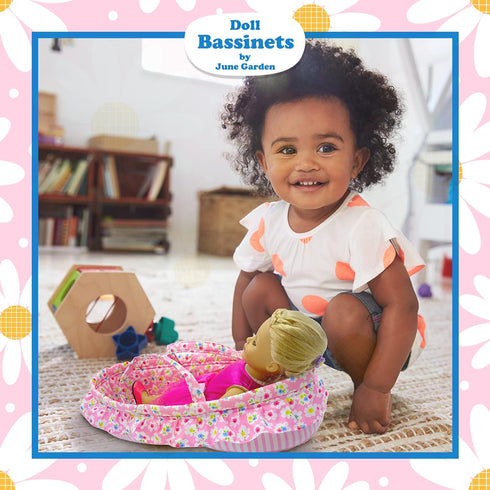 June Garden Cozy Dream Doll Bassinet - Portable Carrier for Baby Dolls up to 14", Soft Pillow & Safety Buckle
