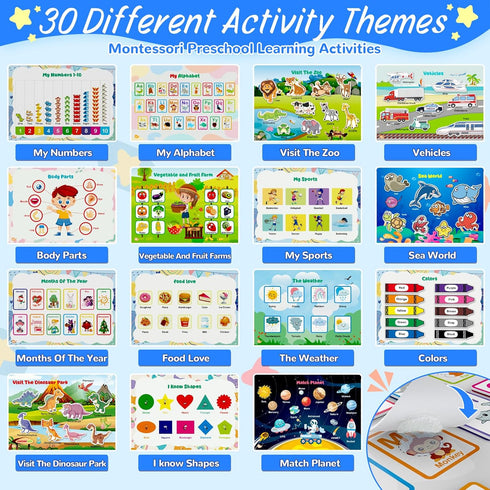 3+, 30 Busy Book for Toddlers Preschool Learning Activities with Themes Prek Preschool Workbooks, Montessori