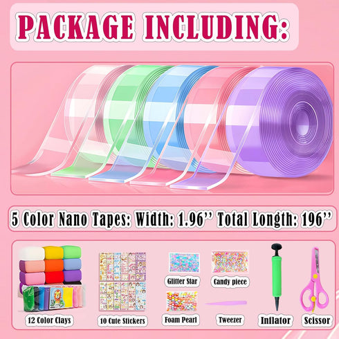 5PCS Nano Tape Bubble Kit for Kids, Nano Bubble Tapes Kit with Glitter, Clay, Cute Stickers and Accessories Tools, Nano