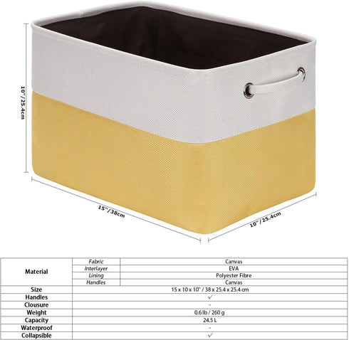 Sea Team 3-Pack Large Storage Basket Set, 15 x 10 x 10 Inches, Trunk Organizer for Clothes Toys Bin (Yellow/White)