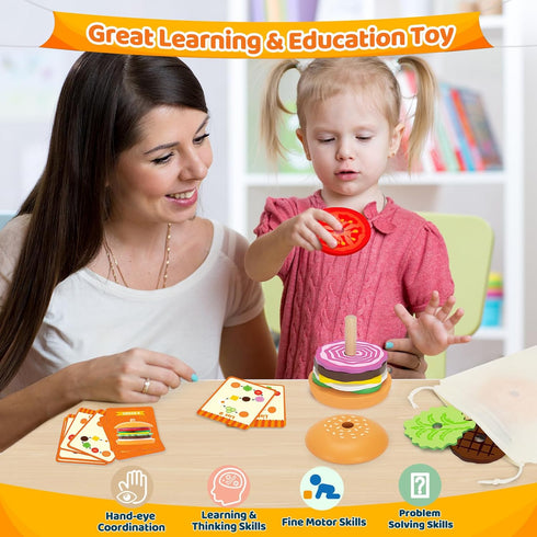 Montessori Wooden Burger Stacking Toys for 2-5 Year Olds, Fine Motor Educational Toys for Boys & Girls, Gift Ideas
