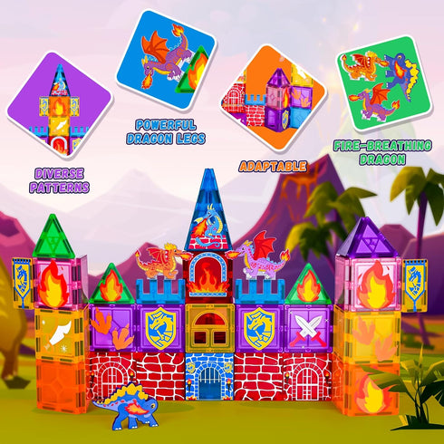 SHXYKZ 3-8, 3D Set Dinosaur Magnetic Tiles, STEM Building Toys for Kids Ages Movable Dragon Castle with Portable